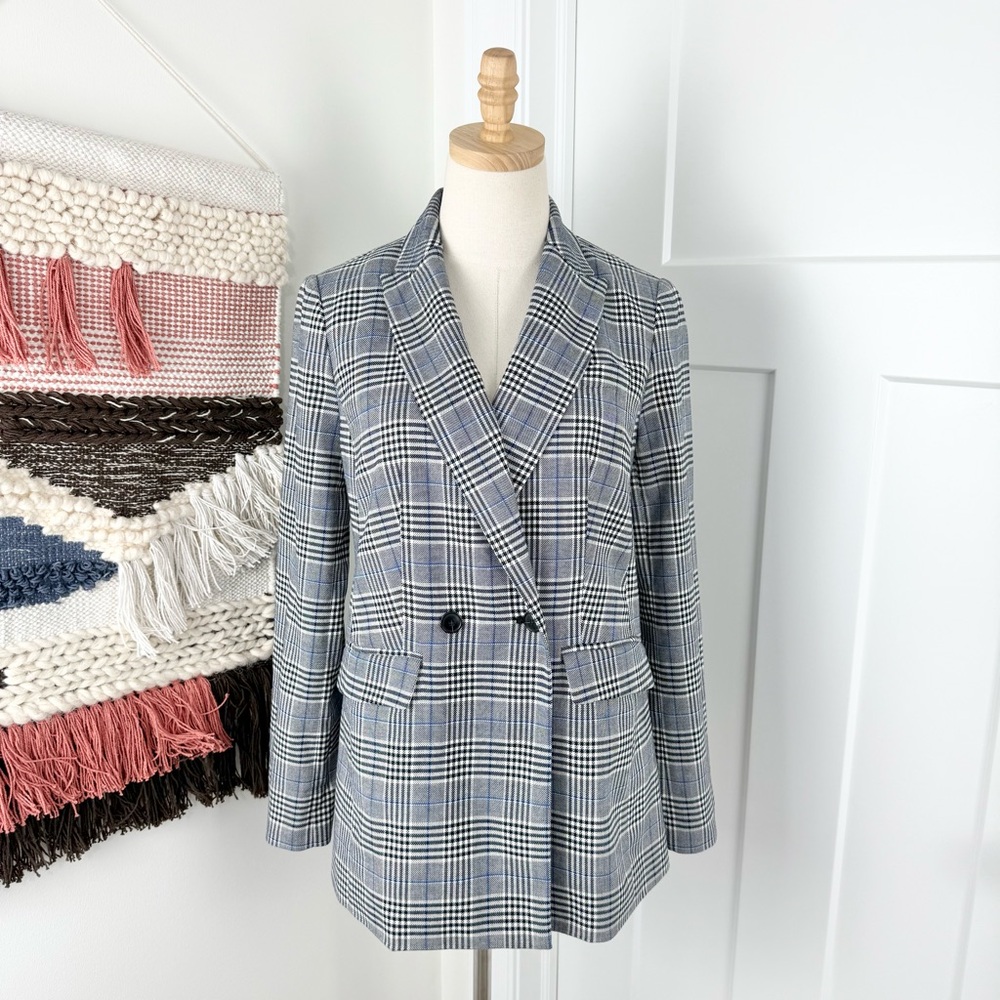 Talbots Plaid Double-Breasted Blazer Grey Blue Sz 2 - Picture 1 of 11